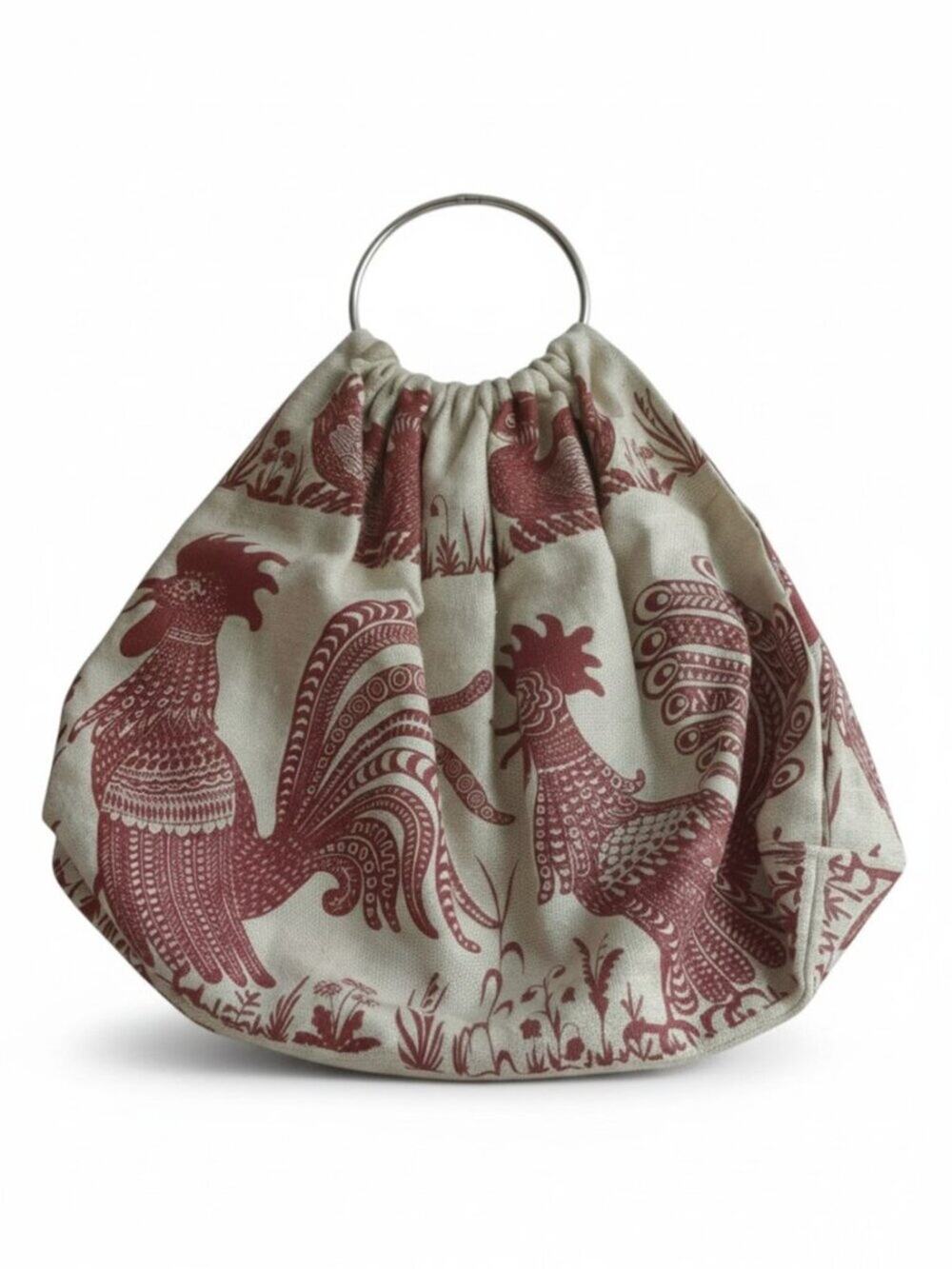 Vintage Rooster Bird Tapestry Ring Handle Bag Removable Cream Red Large